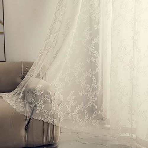 Deeprove Ivory Lace Curtains 96 Inches Long 2 Panels Set, Sheer Accent Florals Embroidery Vintage Window Panel Treatment Pair Drapes for Country Bedroom Kitchen, Rod Pocket, W57 x L96