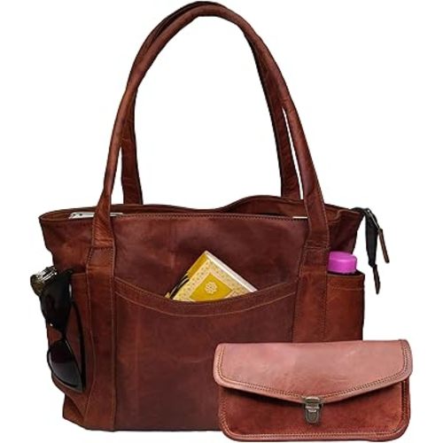 Madosh Vintage Womens Shoulder Handbag Genuine Leather Brown Tote Everyday Purse With Clutch