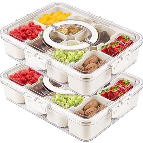 2PCS Portable Divided Serving Tray with Lid & Handle - Snackle Box Container Organizer for Fruit, Candy, Nuts,Snacks - 8 Compartments Serving Platter for Picnic, Party, Holidays and Travel (White)