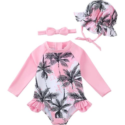 Baby Girls Swimsuit Summer Infant Girl Bathing Suit Zipper Long Sleeve One-Piece Rash Guard Swimwear with Hat 3M-3Y
