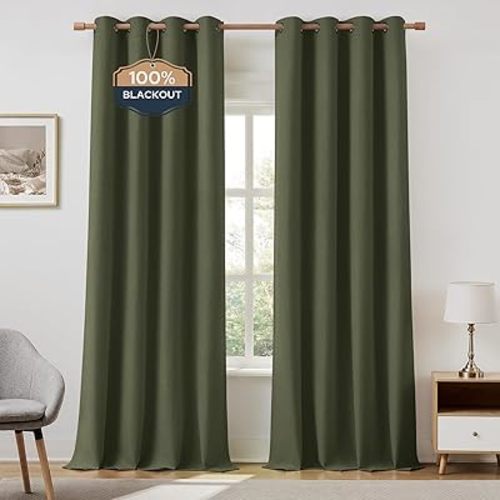 HOMEIDEAS 100% Olive Green Linen Blackout Curtains for Bedroom, 52 x 84 Inch Length 2 Panels Faux Linen Thermal Insulated Black Out Grommet Window Drapes for Living Room