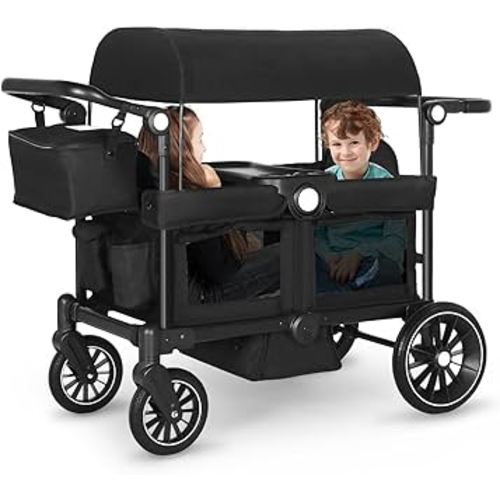 Kinder King Folding Wagon Stroller for 2 Kids, All-Terrain Baby Stroller Wagon Outdoor, Removable Canopy 2 Seater, Adjustable Handle, Shock-Absorbing Wheel, Detachable Tray, Parent Organizer, Black
