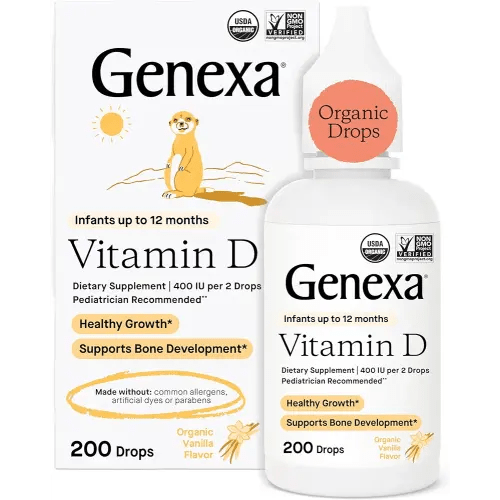 Genexa Infants Vitamin D Liquid Drops for Newborn, Baby & Toddler | Supports Growth & Bone Development | Delicious Organic Vanilla Flavor | Certified Organic, Gluten Free, & Non-GMO | 90 Servings