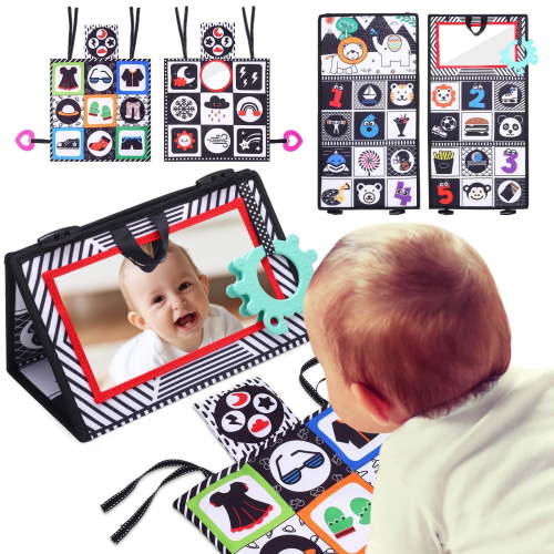 KABOER 2 Pack Tummy Mirror Toy, Black and White High Contrast Baby Toys for Newborn, Baby Visual Stimulation Mirror, Sensory Crinkle Toy for Infant 0-3-6-12 Months
