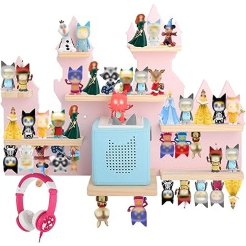 for Toniebox Starter Tonie Shelf Wall Mounted Set,Tonies Figures Tonies Storage,Magnetic Wooden Floating Shelves Compatible with Tonie Box Player Character for Children Room (Pink-Castles)