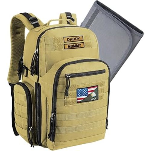 MIRACOL Military Diaper Bag for Dad - Tactical Style Baby Backpack with MOLLE & Changing Pad - 14 Compartments Rugged Design for Outdoor Travel Camping Tan