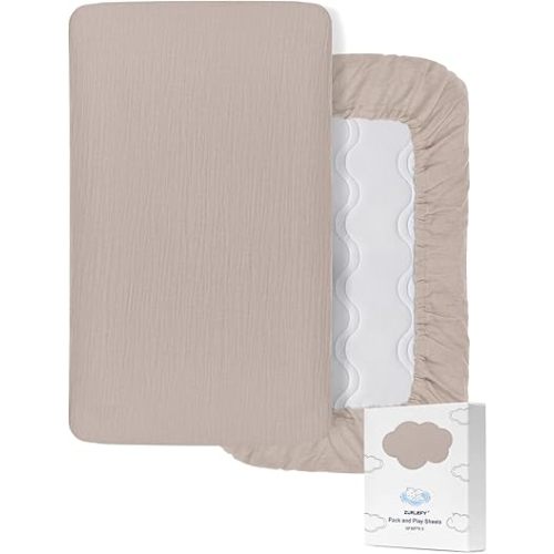 Khaki Pack and Play Sheets, 100% Muslin Cotton Mini Crib Sheets Fitted 39"x27", Soft Breathable Pack N Play Playard Mattress Pad Cover for Boys and Girls (46P-08)