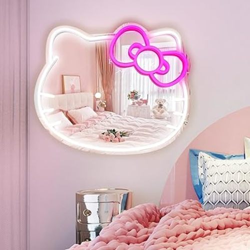 Anime Hello Kit Mirror with Light Neon Signs for Wall Decor, Neon Mirror with Dimmable for Teen Girl Gift,Makeup Mirror neon Sign Room Decor (14.6 * 12.2 inch)