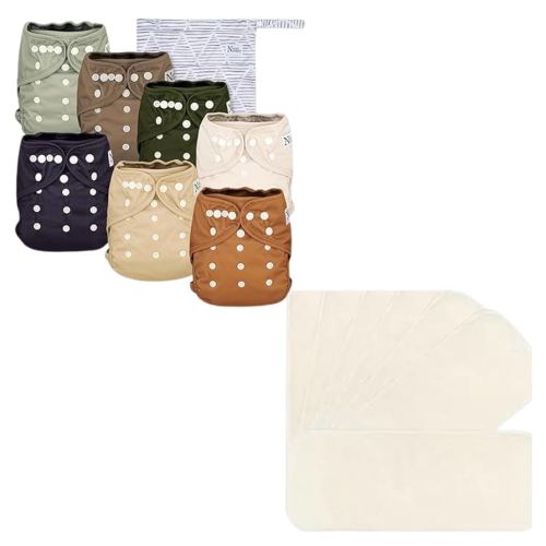 Nora's Nursery Cloth Diaper Cover, Washable Reusable Diaper Cover with Snap Closure, Flat or Fitted Cloth Diaper Inserts + 7 Pack Inserts with Snap