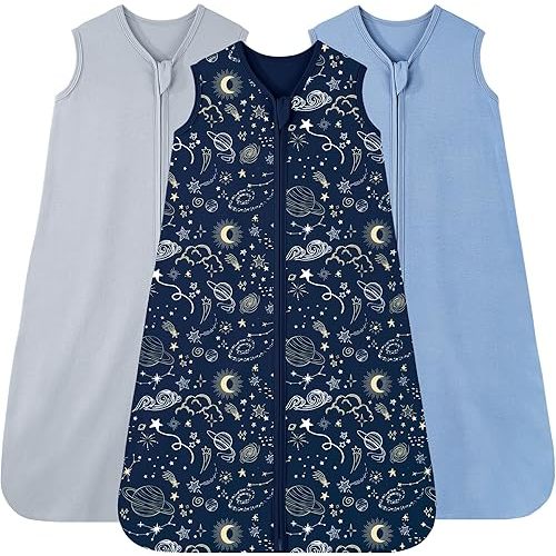 Baby Sleep Sack 0-6 Months, 100% Cotton Sleeping Sack for Newborn and Infant, 3 Pack Baby Wearable Blanket, 0.5 Tog Lightweight Double Zipper Sleep Bag Blue Sky