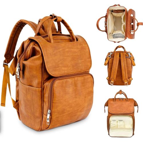 Citi Collective Explorer Brown Diaper Bag Backpack - Vegan Leather Diaper Bag with Shoulder Strap, Insulated Bottle Pockets, Changing Pad, Stroller Clip- Versatile Diaper Bag for Baby
