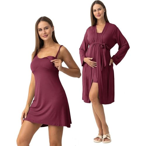 Women's Nursing Nightgown Maternity Robe Set, 3 in 1 Labor Delivery Breastfeeding Dress Postpartum Sleepwear
