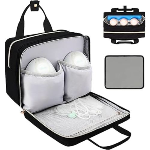 Wearable Breast Pump Bag with Cooler Compartment Compatible with Momcozy M5/S12 Pro, Elvie & Medela Pump in Style, Carrying Case with a Waterproof Mat for Breast Pump and Accessories, Black(Bag Only)