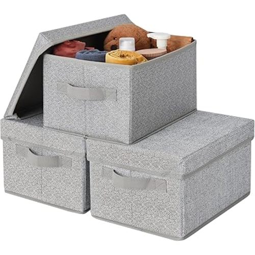 GRANNY SAYS Closet Storage Bins, Fabric Boxes with Lids, Shelf Baskets for Closet Organization, Stackable Storage Containers, Gray, Medium, 3-Pack