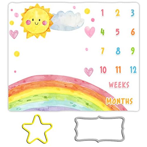 MTMETY Cartoon Rainbow Baby Monthly Milestone Blanket - 48x40in Sun Cloud Heart Shape Colored Dots for Newborn Shower, Growth Chart Photography