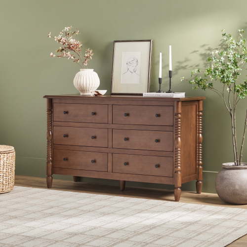 Walker Edison Easy Assembly Solid Wood Dresser, 6 Drawers, Spindle Design, Dark Brown