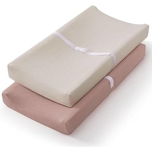 Blissful Diary Muslin Changing Pad Cover for Girls Boys, Ultra Soft Breathable Cotton, Baby Diaper Change Table Pad Covers, 2Pack (Light Pink&Cream)