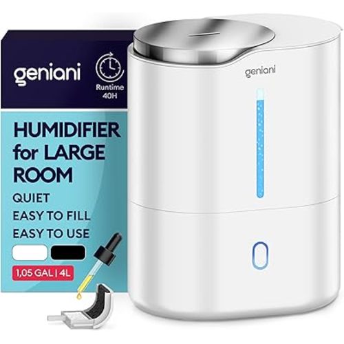 GENIANI Ultrasonic Cool Mist Humidifier for Bedroom, Large Rooms, Home, 4L - Easy Fill & Clean Humidifier for Plants w/Auto Shut-off, 40H Runtime - Quiet, Top Fill Air Humidifier