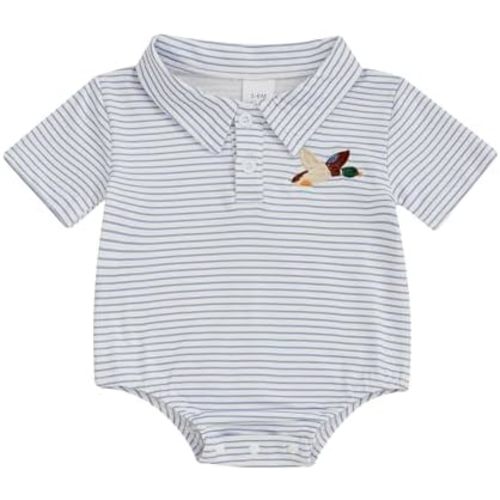 Baby Boy Polo Romper Mallard Duck Button Down Striped T-Shirt Onesie Short Sleeve Collar Bodysuit Summer Outfit