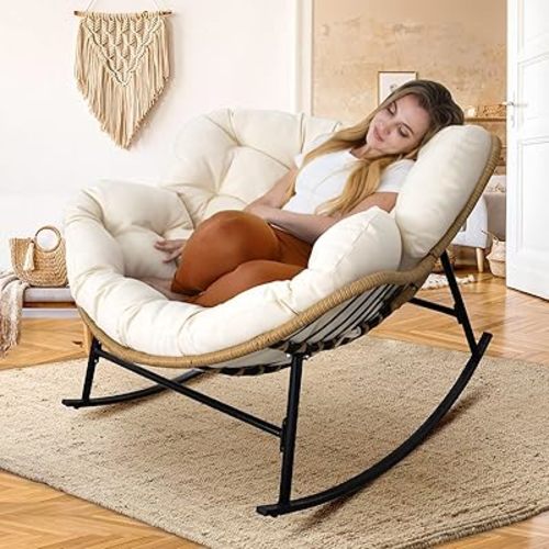 NICESOUL Indoor Outdoor Papasan Rocking Chair with Cushion, Oversized Padded Patio Rockers, All Weather Deep Wide Egg Royal Rocking Chairs, 450Lbs Sturdy Comfy Recliner Large Lounging Glider, Beige
