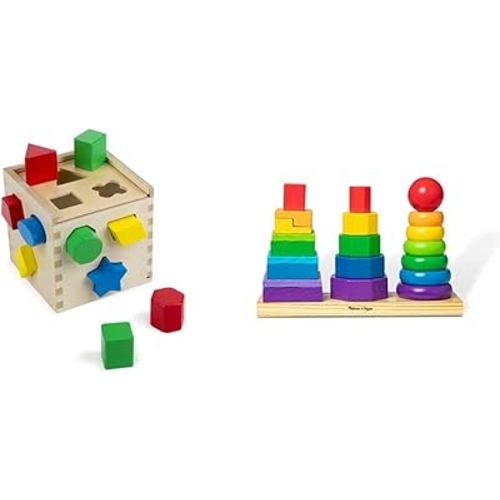 Melissa & Doug Geometric Stacker - Wooden Educational Toy & Shape Sorting Cube - Classic Wooden Toy with 12 Shapes