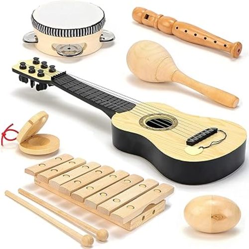 Wooden Kids Musical Instruments - Kids Musical Toys for Toddlers 1-3 - Toddler Learning Toys Music Set Kids Guitar Maracas Toddler Xylophone Tambourine Castanet Egg shaker Recorder instrument for kids
