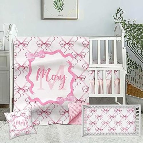 Custom Baby Crib Bedding Sets for Girls, Personalized 3 Piece Pink Bow Baby Sets, Dotted Backing Blanket, Fitted Sheet, Nursery Bedding Set for Newborn Toddler Infant