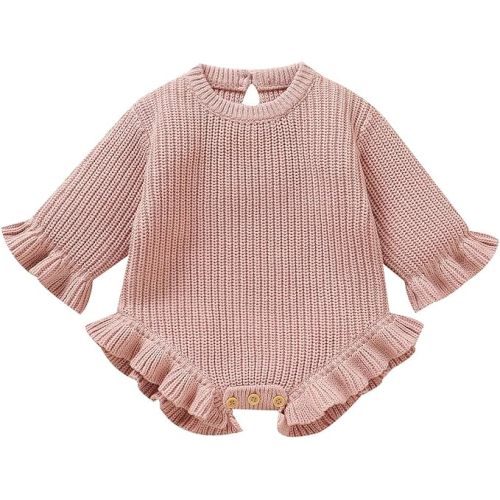 Baby Girl Knit Sweater Romper Newborn Ruffle Long Sleeve Sweater Crew Neck Pullove Warm Fall Winter Clothes Outfit
