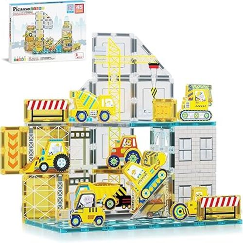 PicassoTiles Magnet Tiles Magnetic Building Blocks with 8 Construction Vehicles Crank Truck Excavator Bulldozer Road Roller Concrete Mixer Tractor Dump Truck Forklift Toys Learning Kids Ages 3+ PTQ11