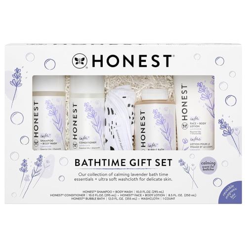 The Honest Company Calming Lavender Bathtime Gift Set | Hypoallergenic Bath Essentials for Sensitive Skin | Shampoo + Body Wash, Face + Body Lotion, Bubble Bath, Conditioner, Wash Cloth