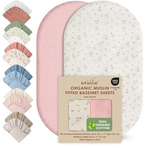 100% Organic Cotton Muslin Baby Bassinet Baby Sheet 33 X 17 Inch Soft Breathable Lightweight Stretchable Bed Sheet 2 Pack Gentle On Skin Durable Snug Fit Sheet for Newborn Bassinet Mattress