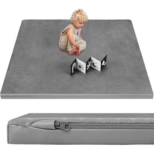 Baby Play Mat, Leather & Velvet with Baby Book, Double-Sided/Reversible, 50x50 Playpen Mat, 1.3" Thick Non-Toxic Cushioned, Waterproof Soft Crawling for Infants and Toddlers, Grey