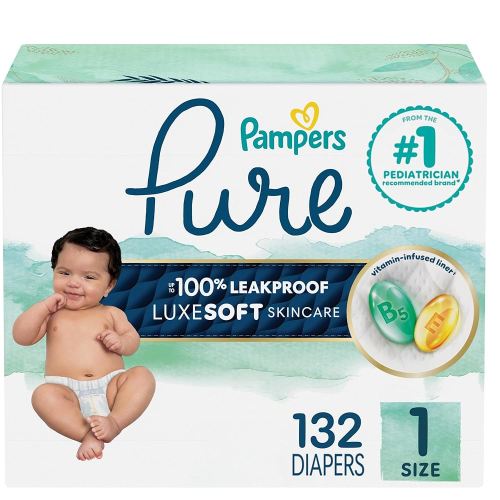 Pampers Pure Protection Baby Diapers, Size 1 (8-14 lbs), 132 Count, Up to 100% Leakproof, Premium Plant-based Skin Protection, Hypoallergenic Soft Diapers