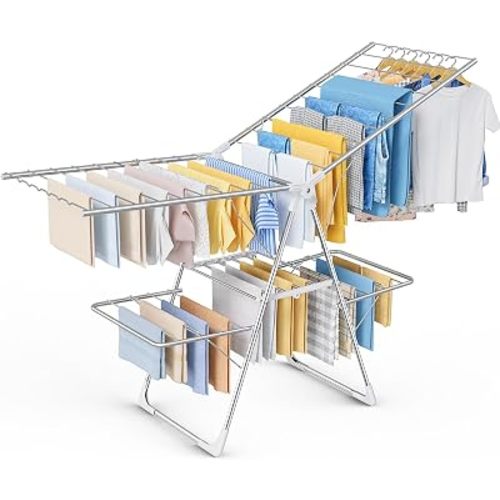 Sakugi Clothes Drying Rack, Foldable 2-Level Laundry Drying Rack with Height-Adjustable Wings, for Clothing & Bedding, Free-Standing Space-Saving Rack, Indoor & Outdoor, 70" L × 22.8" W, Silver White