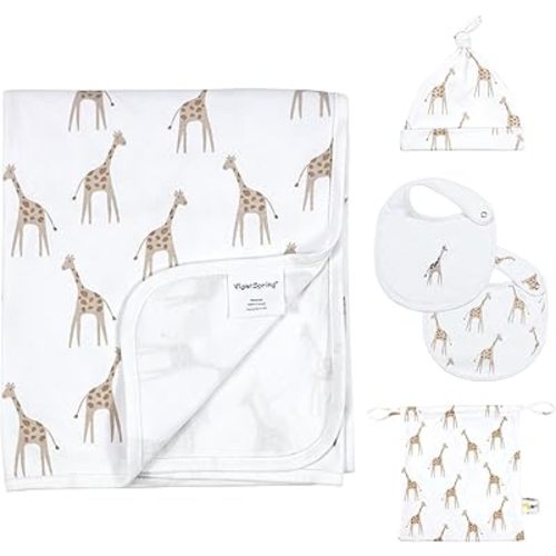 Newborn Swaddle Set with Matching Hat and Bibs Set,5 Pack Nature Cotton Baby Receiving Blankets Nursery Swaddle Wrap Little Giraffe Baby Blanket with a Portable Bag