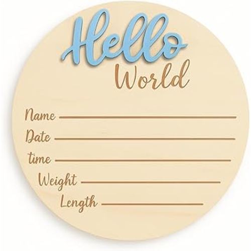 Baby Announcement Sign – 6” Wooden Hello World Newborn Name Sign, Hospital Birth Stat Plaque, Gender-Neutral Welcome Baby Keepsake, Personalized Photo Prop for Boys & Girls, Newborn Gift (Blue)