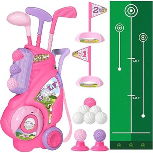 Toddler Golf Set for Girls Boys 1 2 3 4 Years Old, Kids Golf Clubs Set with Cart & Putting Mat, Outdoor Indoor Sports Toys Birthday, Pink