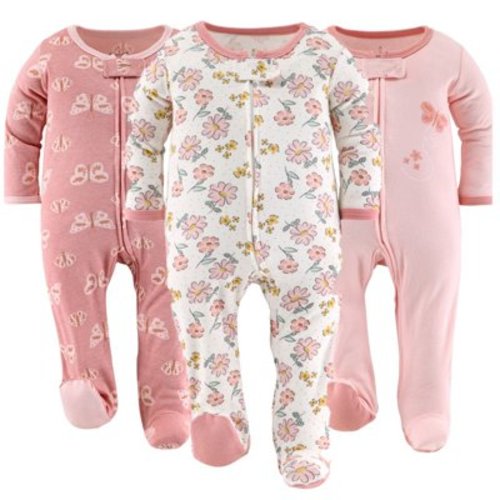 The Peanutshell Baby Sleep n Play Footed Pajamas for Baby Girl, Boho Butterfly, 3 Pack, 0-3 Months