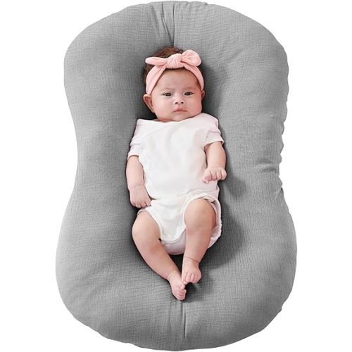 FUNUPUP Muslin Baby Lounger Cover Compatible with Snuggle Me Lounger, Infant Lounger Pillow Cover for Newborn, Removable Newborn Lounger Cover for Boys and Girls, Grey