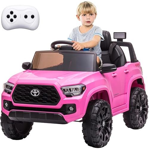 Officially Licensed Toyota Tacoma 12V Kids Ride On Car, Kids Electric Vehicles with Parent Remote Control Spring Suspension Safety Belt, Soft Start, Led Headlight, Age for 37-96 Months-Pink