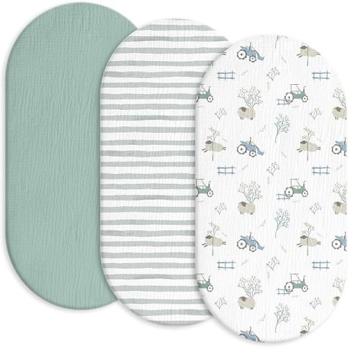 Gllquen Baby Muslin Bassinet Sheets 3 Pack, Breathable Elastic Cozy Fitted Cotton Bassinet Mattress Sheet for Baby Boy Girls, Fit for Hourglass Oval Rectangular Cradle Pad Sheets 33"x17" (Car)