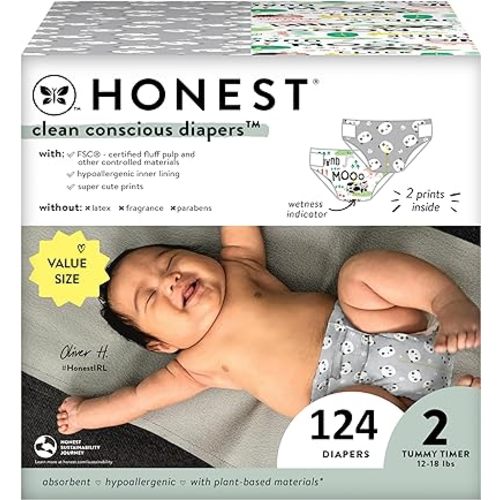 The Honest Company Clean Conscious Diapers | Plant-Based, Sustainable | Pandas + Barnyard Babies | Super Club Box, Size 2 (12-18 lbs), 124 Count