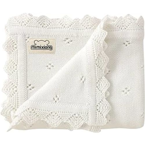 mimixiong Cotton Baby Blanket Knitted Crochet Receiving Crib Nursery Swaddling Blankets for Newborn Baby Boy Girl Off White 30x40 Inch