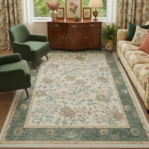 GarveeHome 4x6 Sage Green Washable Area Rug for Nursery Room, French Country Floral Bedroom Rug Non Slip Low Pile Carpet Stain Resistant Throw Rug for Bedside Kids Room Office Dining Room