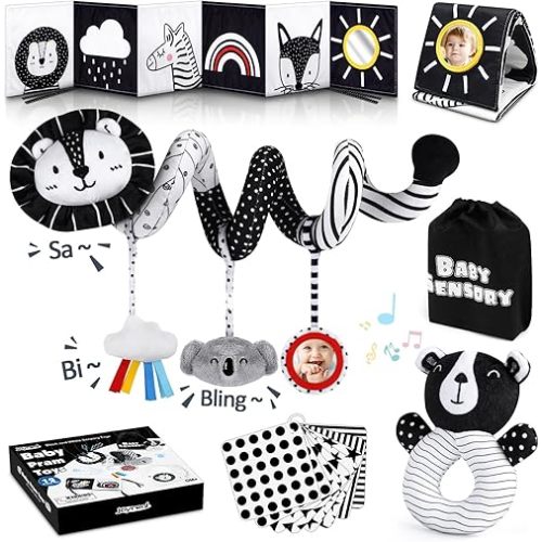Joyreal High Contrast Baby Toys for Newborn, Black and White Baby Sensory Toys with Car Seat Toys,Infant Toys with Black White Cards Book, Montessori Toys for Baby Gifts