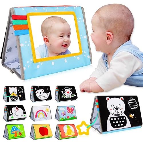 Tummy Time Mirror Baby Toys 0-6 Months - Infant Toys Black and White High Contrast Baby Crinkle Toys 0-3 Months with Teether - Montessori Newborn Brain Development Sensory Toys for Babies