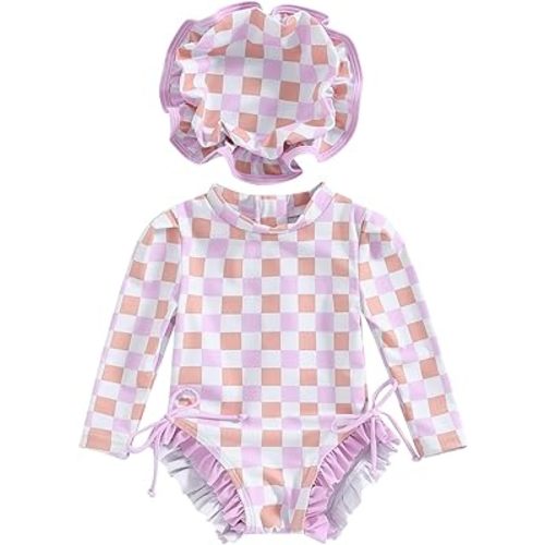 pengnight Toddler Baby Girl Swimsuit One-Piece Long Sleeve Ruffle Floral Print Rash Guard Zipper Bathing Suit