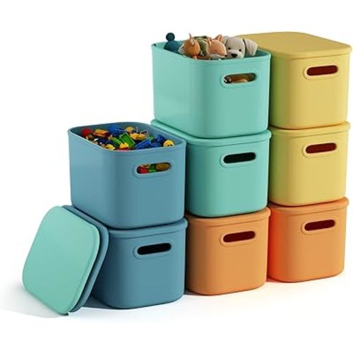 8 Pack Colorful Storage Bins with Lids for Shelves, Classroom Storage Bins, Stackable Colored Bins, Teacher Bins, Plastic Storage Containers with Lids for Organizing, Storage Boxes for Pantry Cabinet