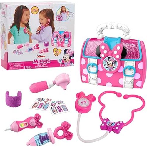 Disney Junior Minnie Mouse Bow-Care 8-piece Doctor Kit for Toddlers Ages 3-5 Lights and Sounds Stethescope, Officially Licensed, Pink, Preschool Pretend Play Kids, Kids Toys for Ages 3 Up by Just Play