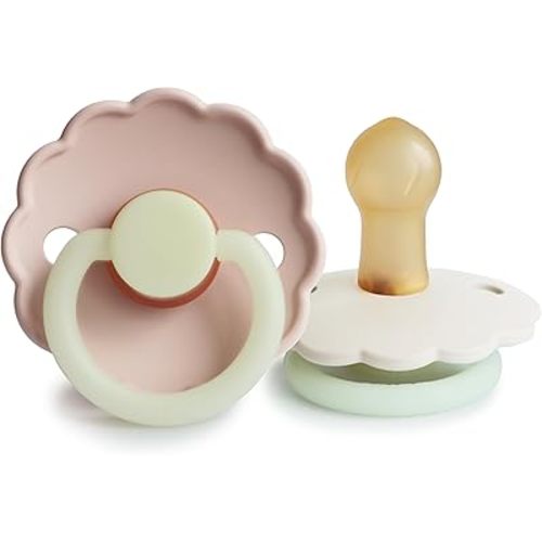 FRIGG Daisy Night Natural Rubber Baby Pacifier | Made in Denmark | BPA-Free (Blush/Cream, 0-6 Months) 2-Pack